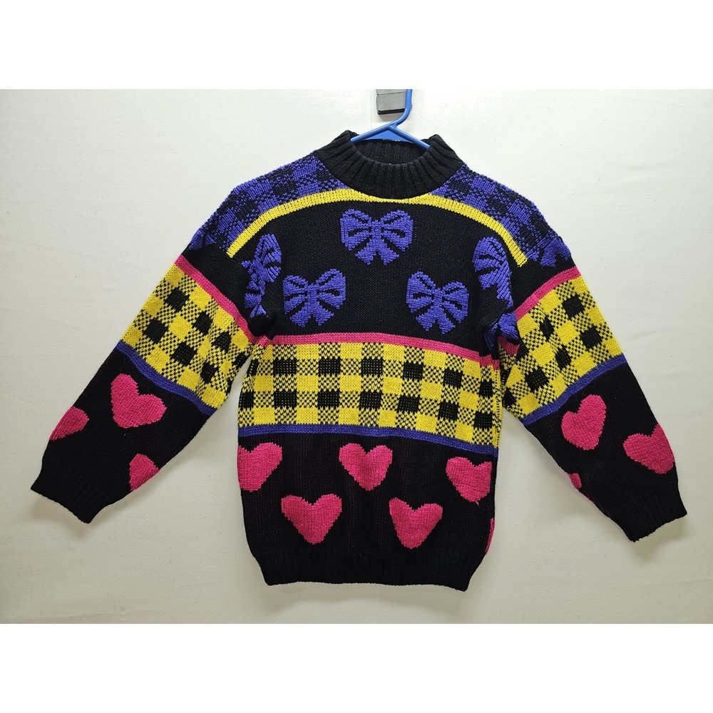 VTG 80s RJ Pumpkin Ugly Sweater M Hearts Bows Neon Kidcore Maximalist Retro